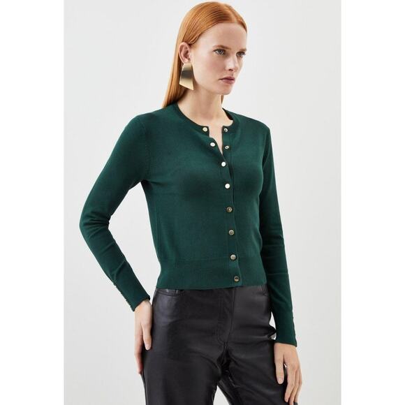 White House Black Market Green Button Cardigan Long Sleeve Crew Soft Knit GUC - Picture 1 of 10